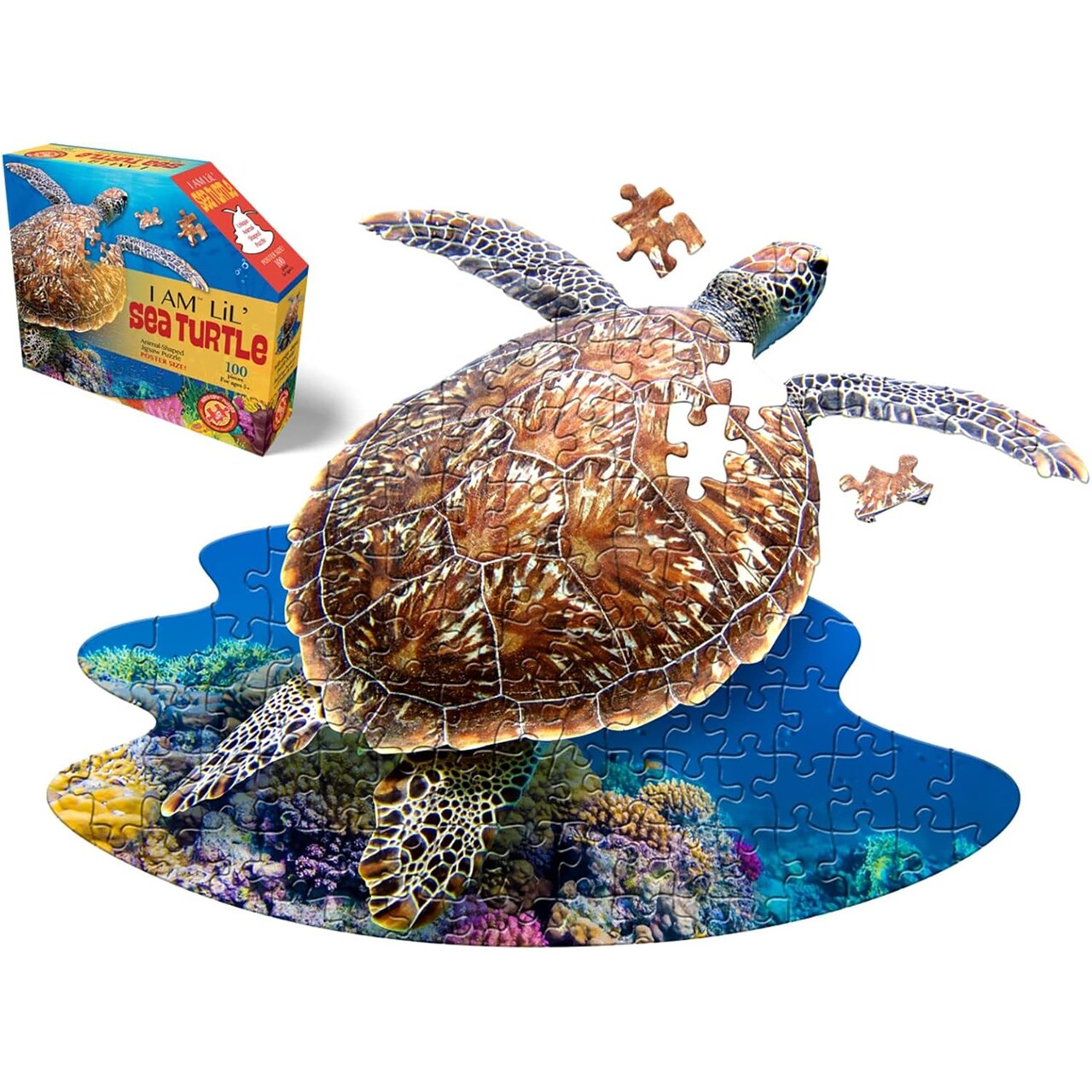 Madd Capp LiL' SEA TURTLE 100 Piece Jigsaw Puzzle For Ages 5+ - 4007 - Unique Animal-Shaped Border, Poster Size when completed, Oversized Pieces For Easy Handling, Includes Educational Fun Facts
